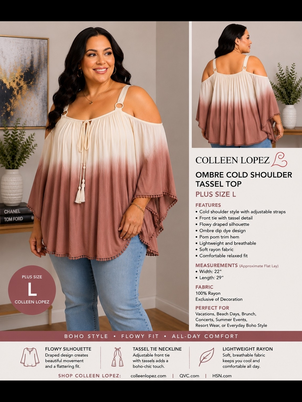 Colleen Lopez Plus Size Ombre Cold Shoulder Tassel Top - Cream to Mauve Size L